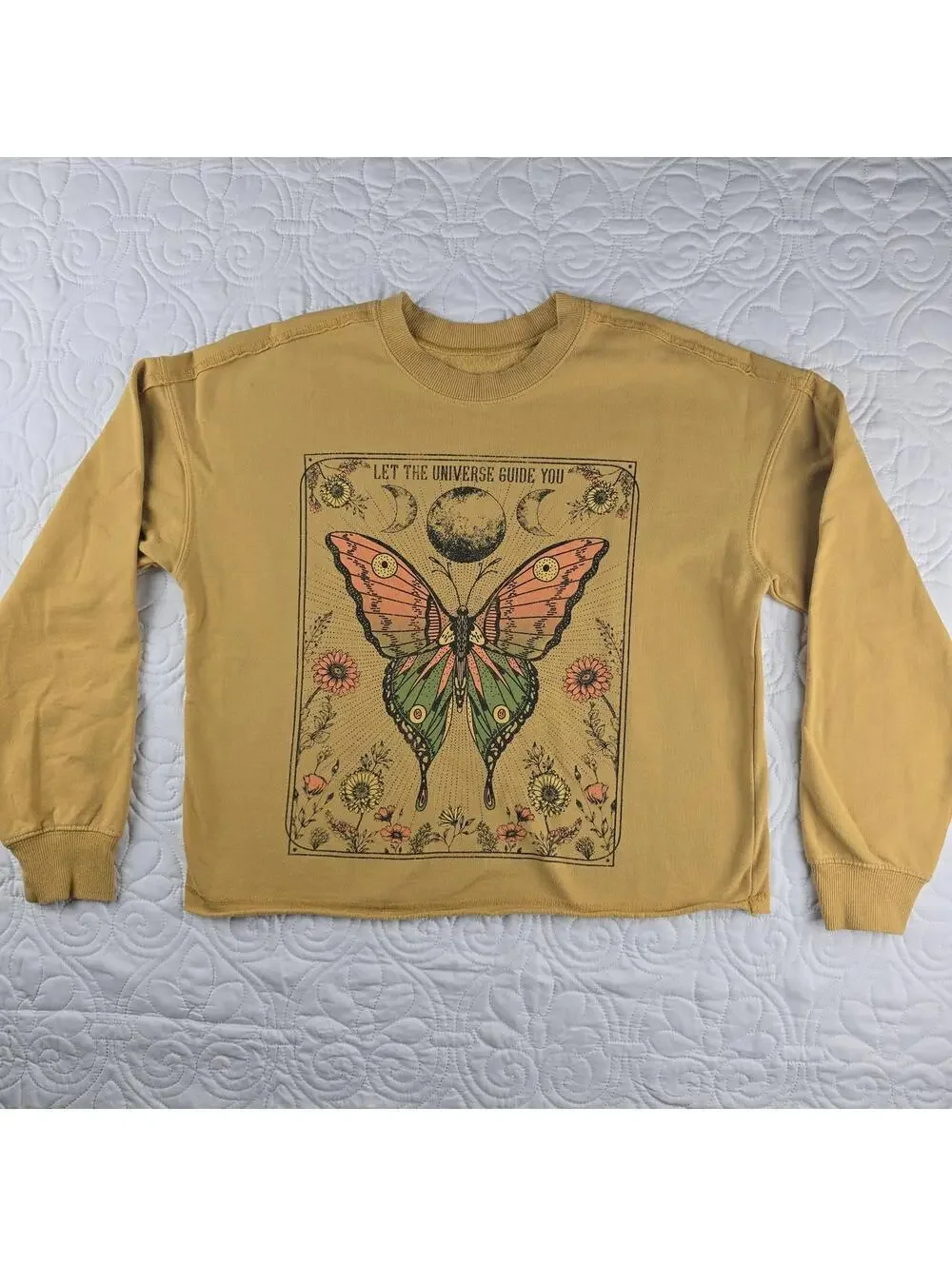 Zoe+Liv Butterfly Graphic sweatshirt Mustard Yellow Celestial Cottagecore XS - Picture 2 of 7